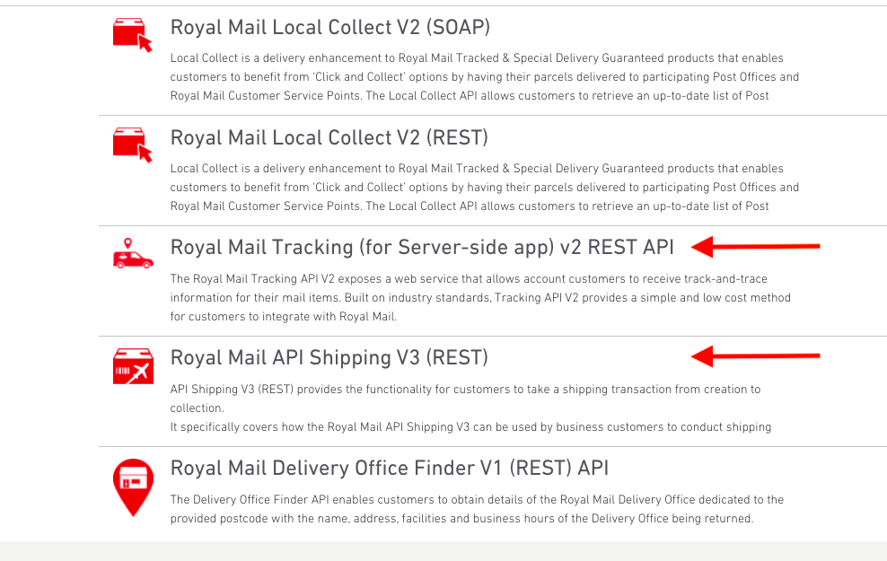 screenshot of royalmail api