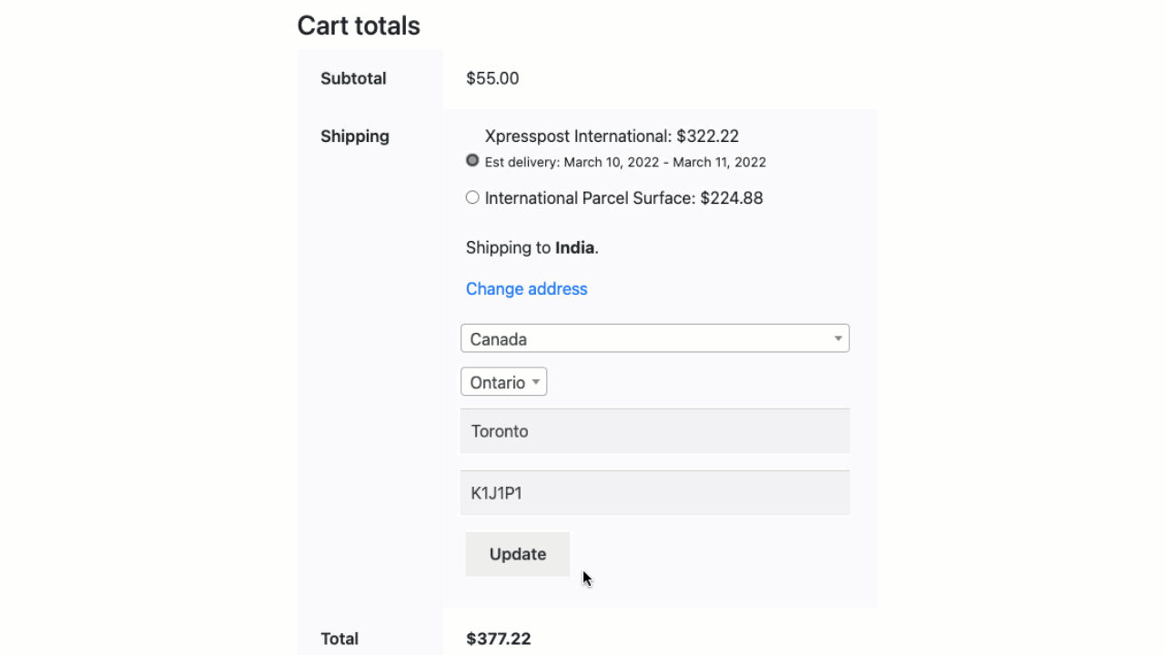 canada post rates at woo cart