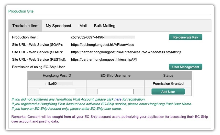 Production API for EC-Ship Service