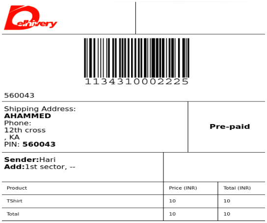 Delhivery Shipping Label