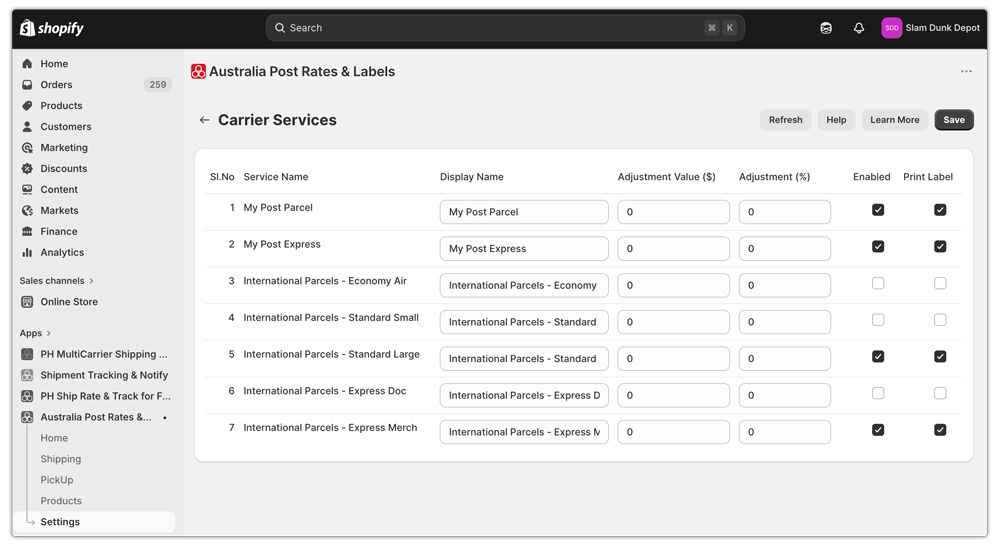 australia post services in shopify