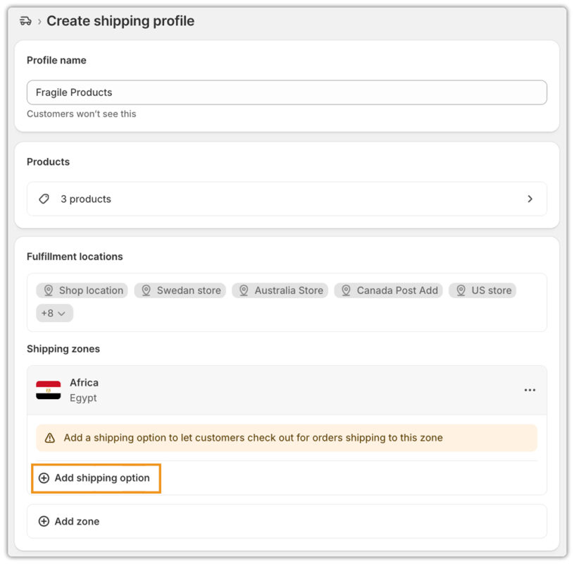 add shipping option to custom profile