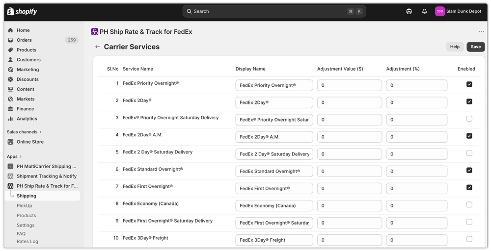 carrier services in fedex app