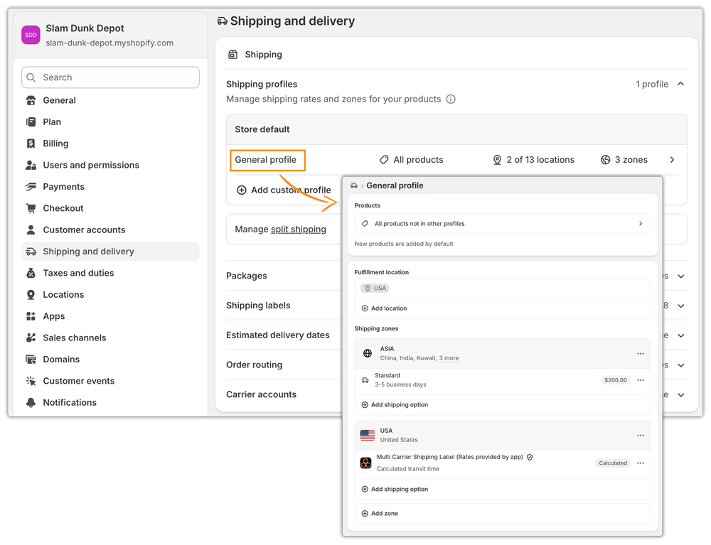 general profile option in shopify