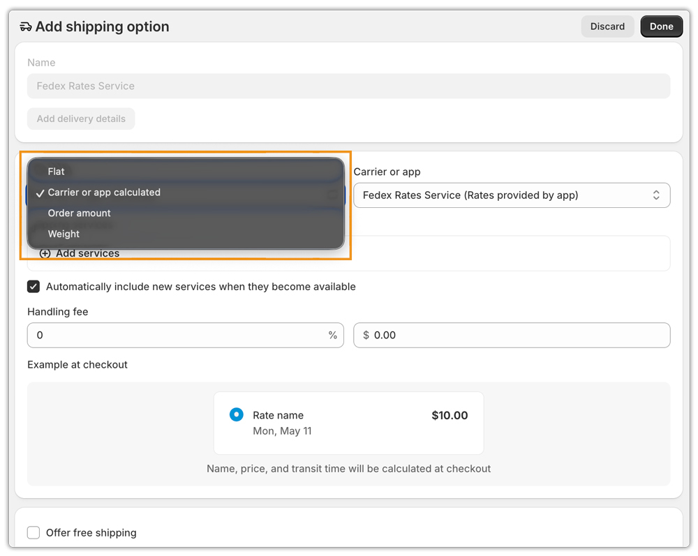 choose rate type in shopify