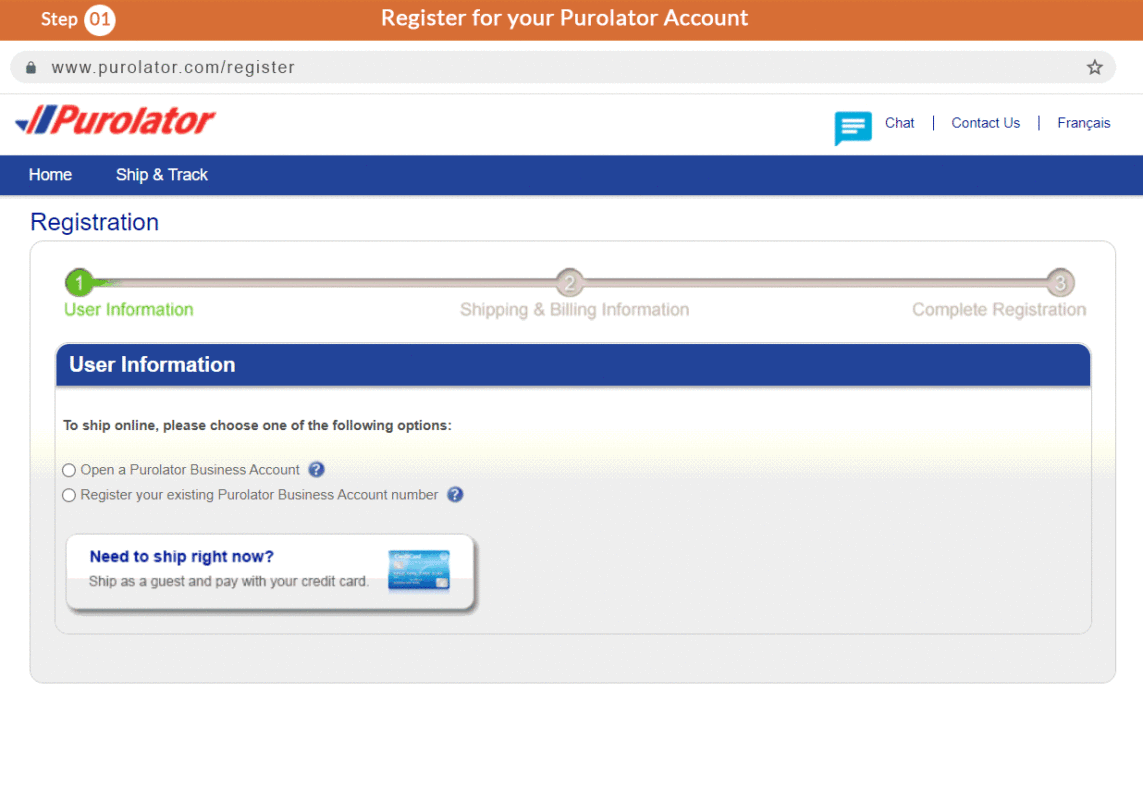 Purolator account registration