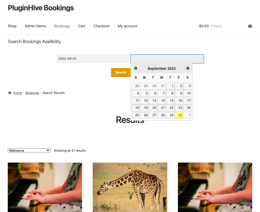 bookings search results based on availability