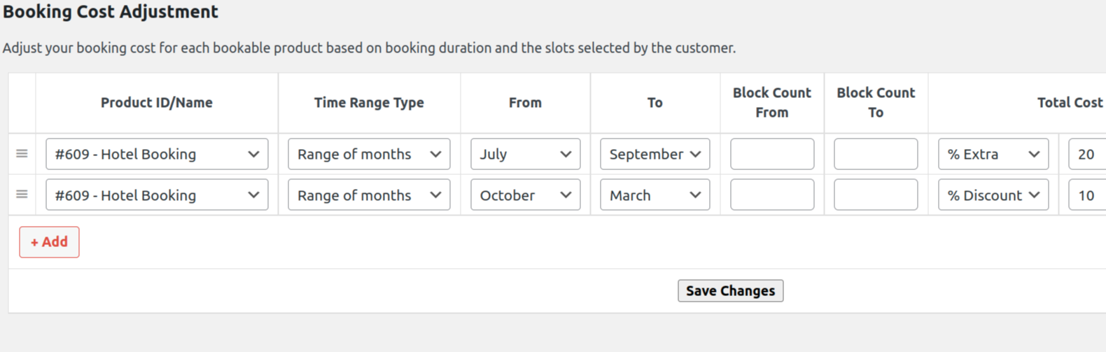 cost adjustment per booking season