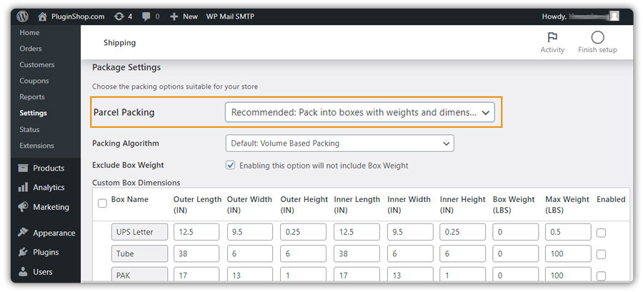 parcel-package-setting