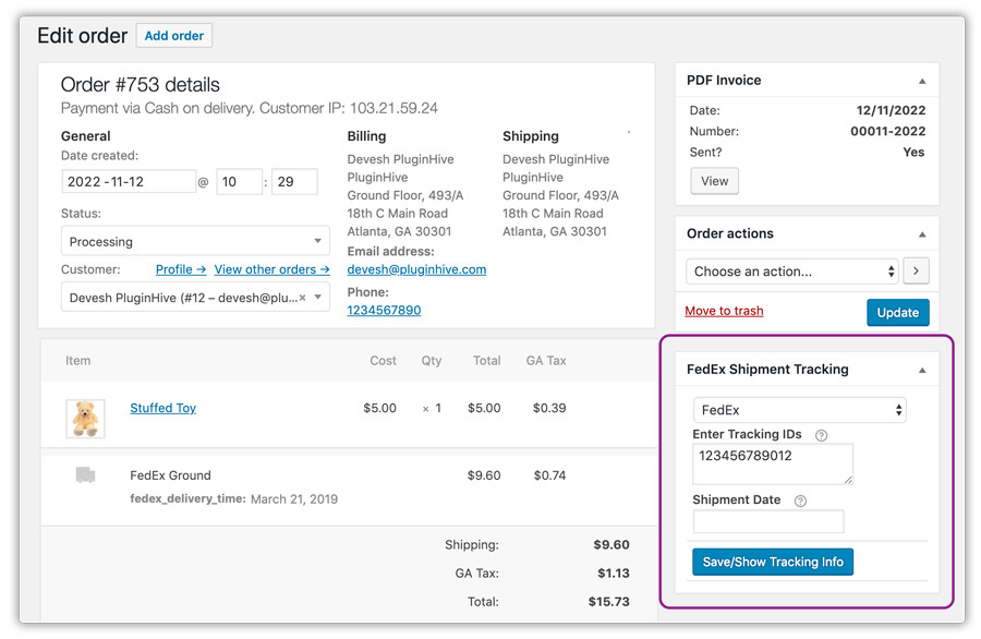 FedEx shipment tracking details