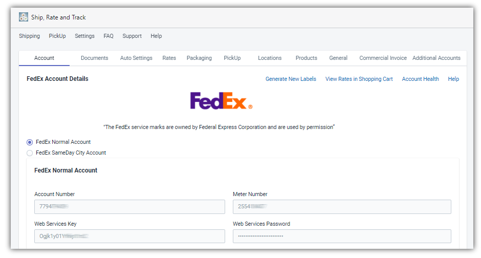 fedex account details saved within the app