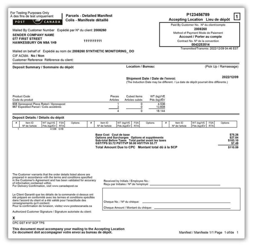 Canada Post Manifest document