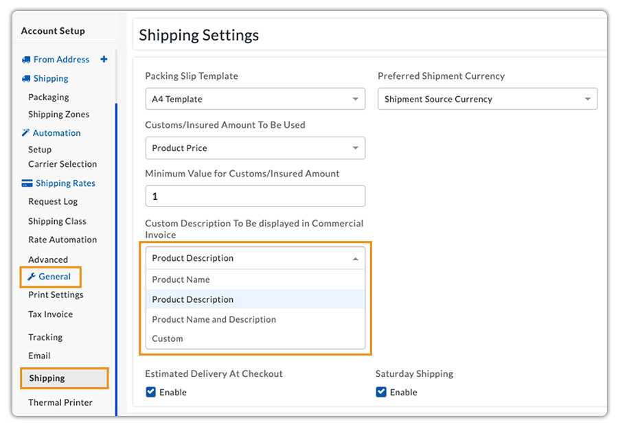 Shipping setting