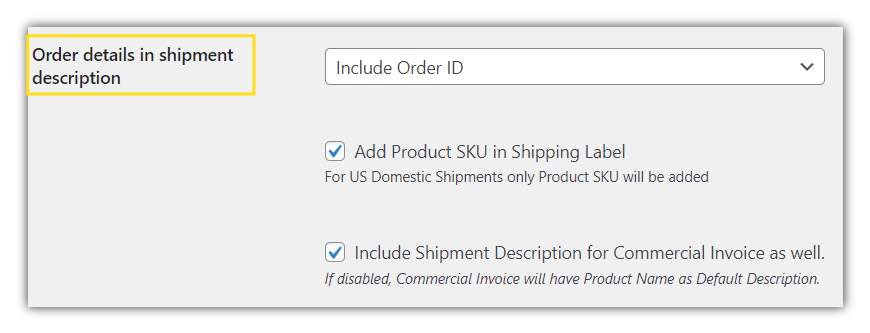 order details in shipment description