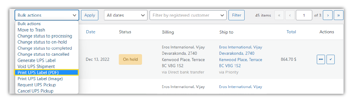 print ups label bulk action