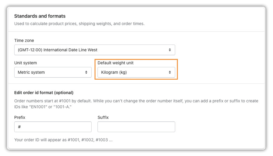 Shopify default weight unit