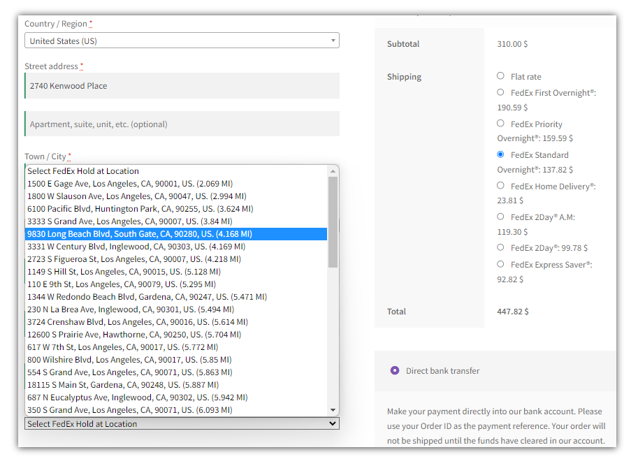 fedex hold at location drop down