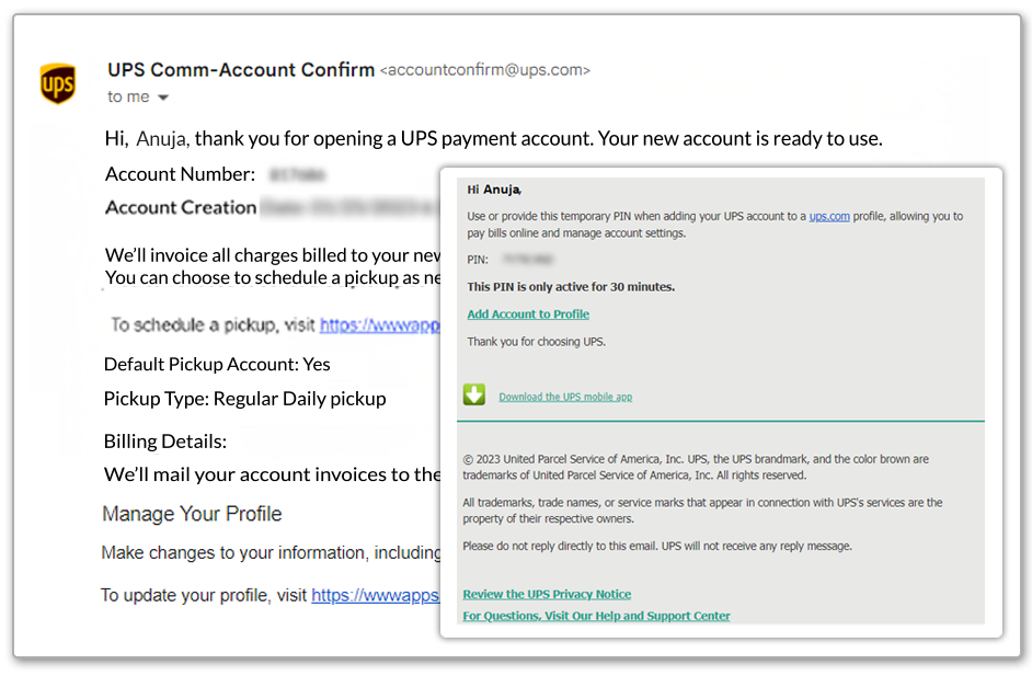 UPS email for opening a new account