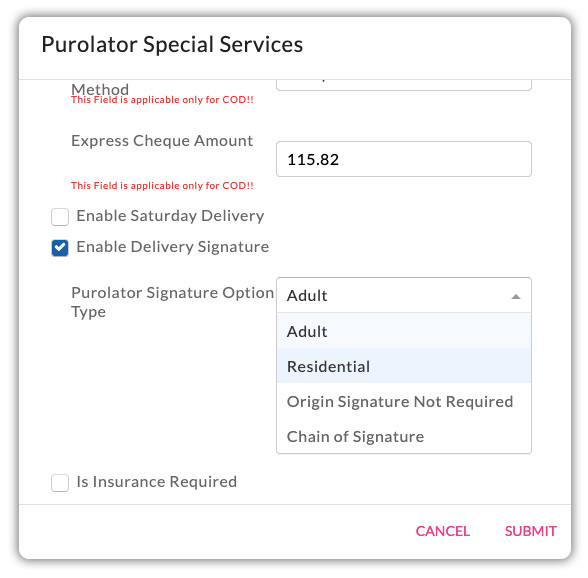 purolator signature option type