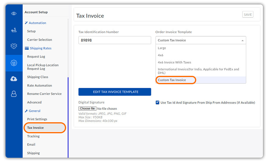 select custom tax invoice 