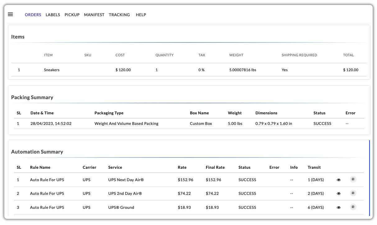 package details and shipping methods