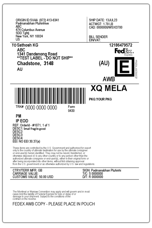 shipping label with product description