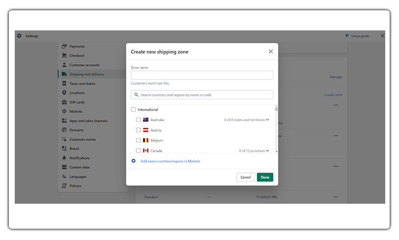 add shopify shipping zones and click on done 
