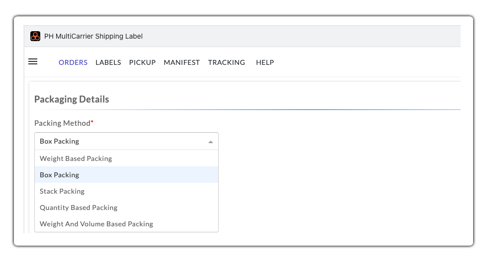 select box packing from the packaging method dropdown