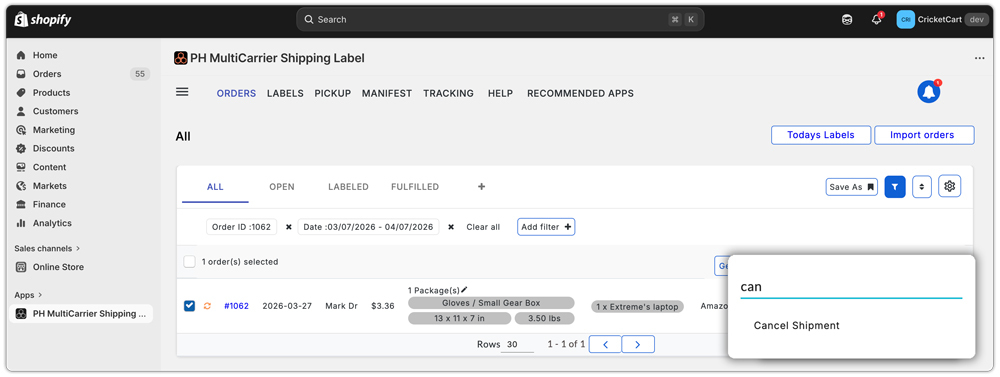 cancel shipment option in multi carrier app