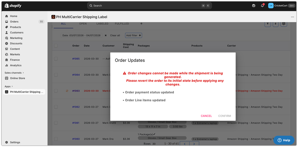 order update pop up for processed shopify order