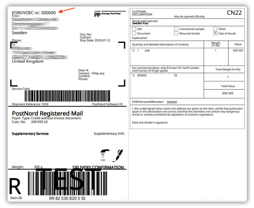 EORI/VOEC PostNord Label