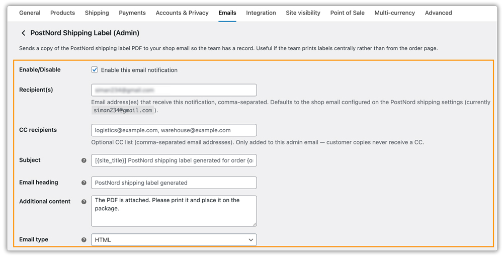 email customisation for admin 
