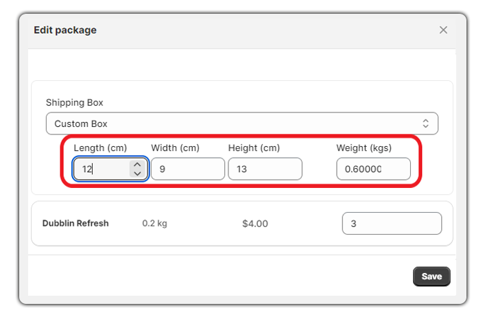 edit dimensions and weight of package