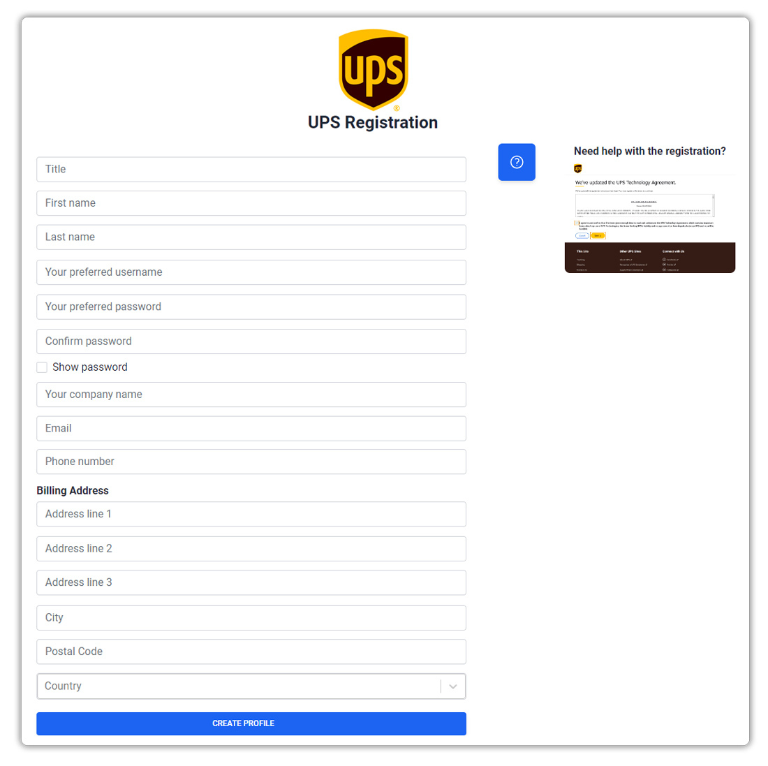 UPS Registration page