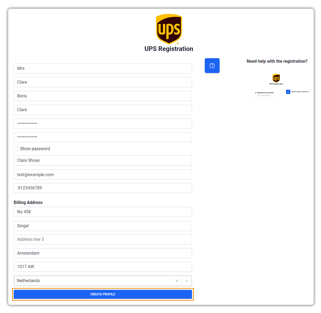 UPS Registration page