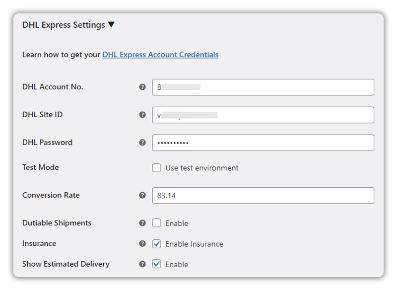 dhl settings