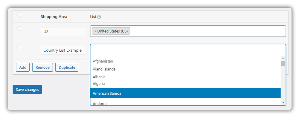 shipping country list