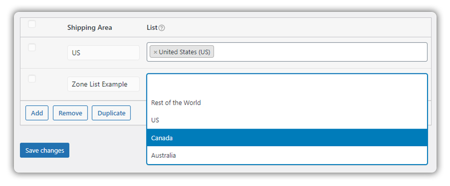 shipping zone list