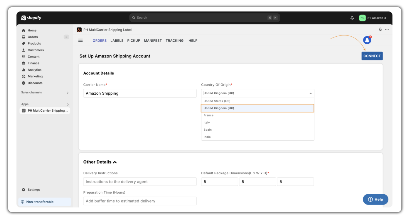 Select the country of Origin of your Amazon Shipping Account