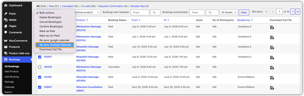 re sync outlook bulk action
