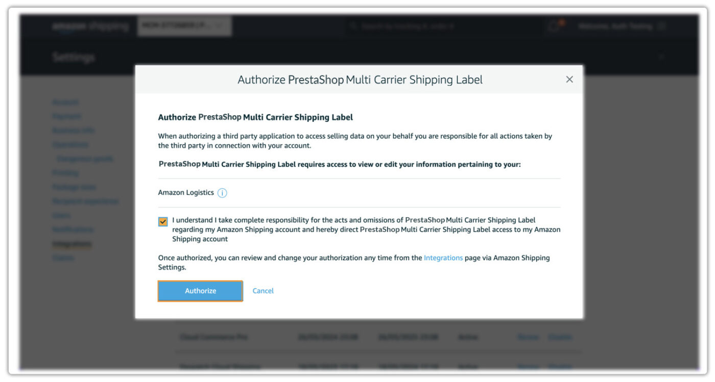 Authorize the PrestaShop Multi Carrier Shipping Label