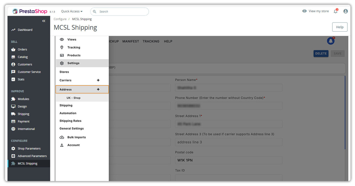 PrestaShop store address