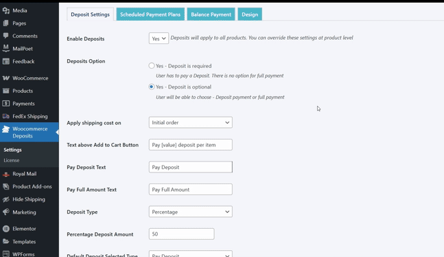 woocommerce deposits
