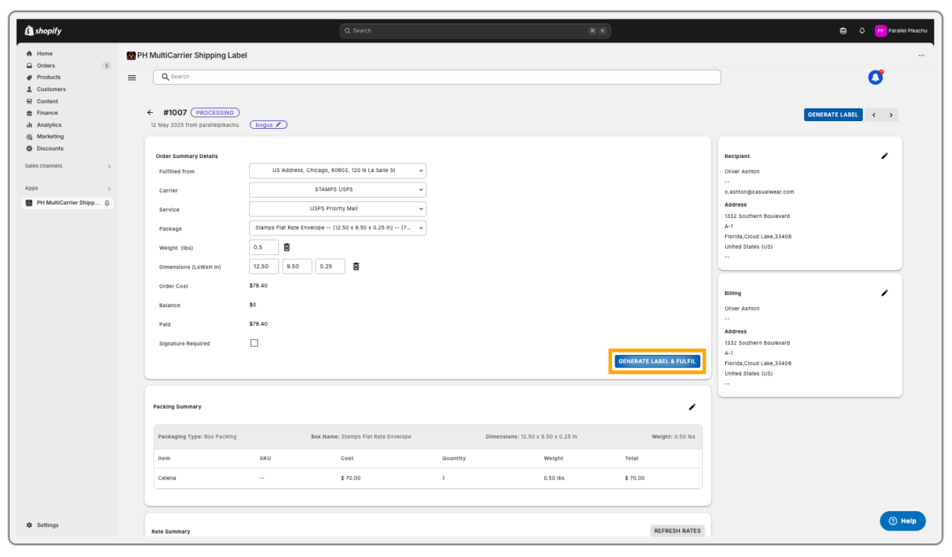 Generate Label and Fulfill