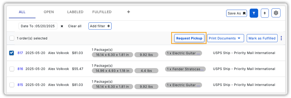 usps pick up requests