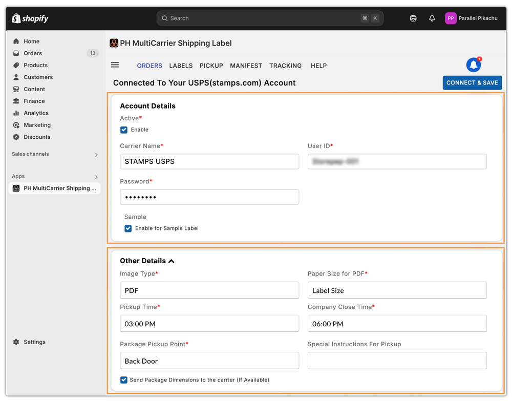 shopify carrier integration page
