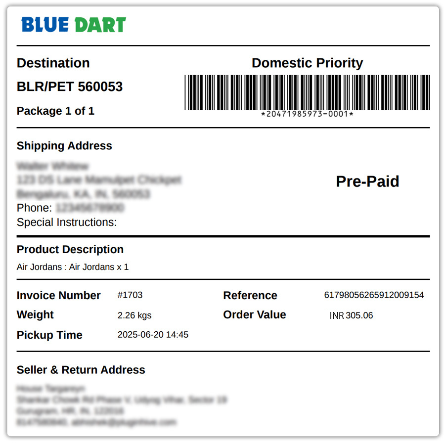 bluedart shipping label