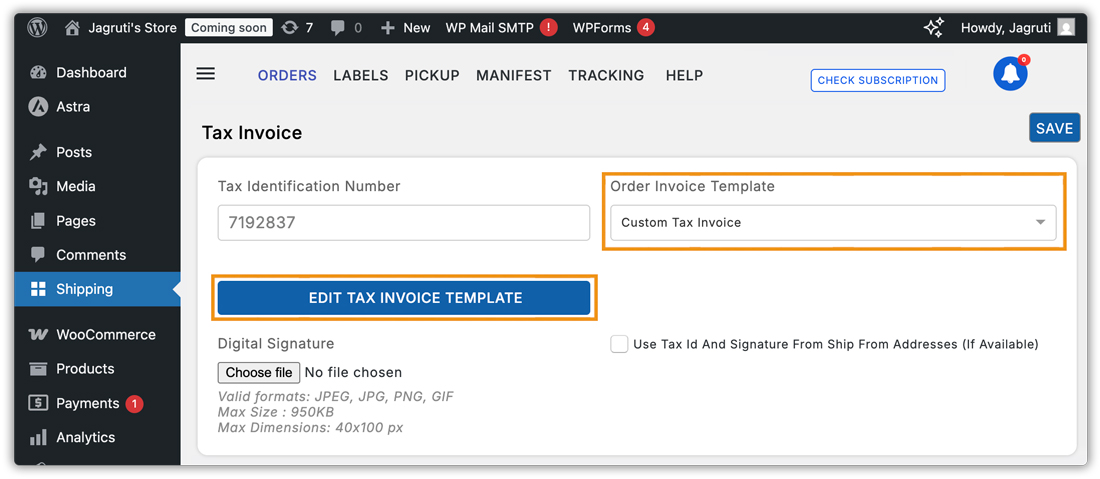 custom tax invoice