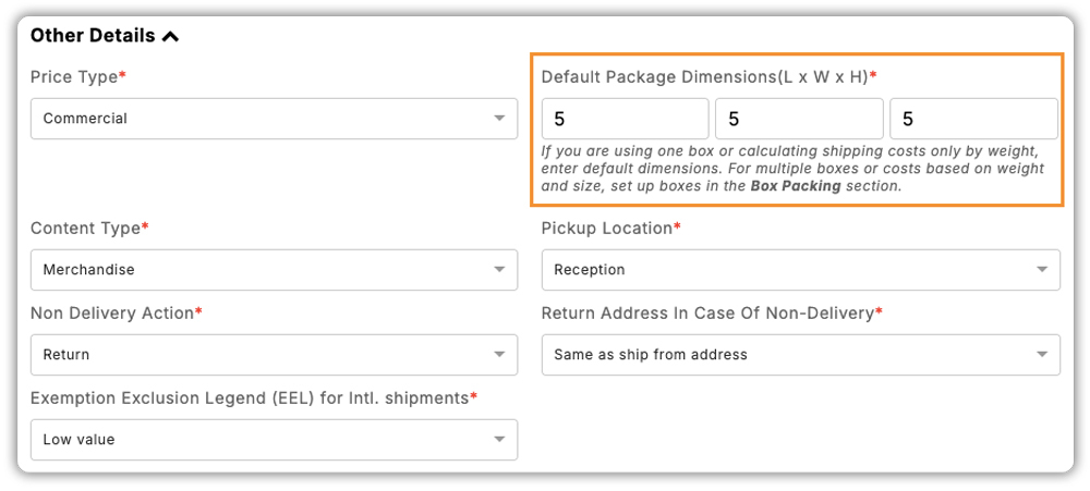 default dimension for product