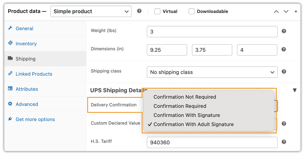signature option for UPS